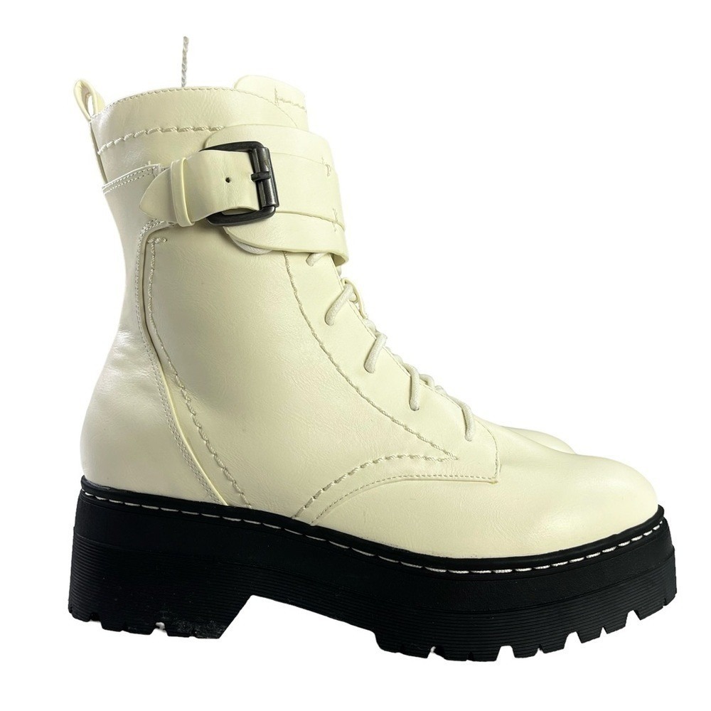MIA Stellan Combat Boots Cream Chunky Platform Lug Sole Buckle Lace Up Womens 9M